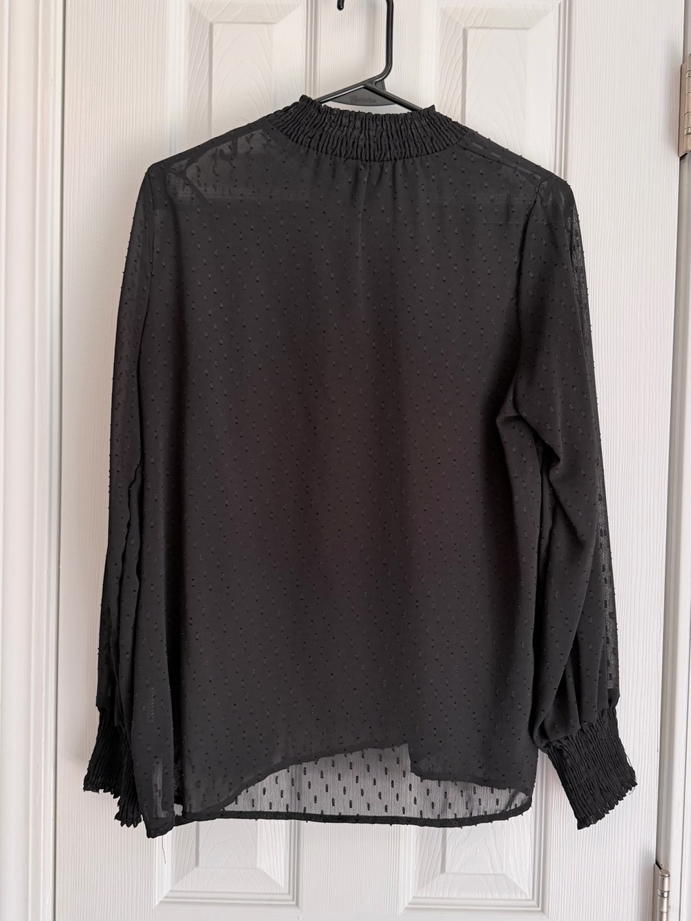 Women's Black Swiss Dot Smocked-Neck Blouse